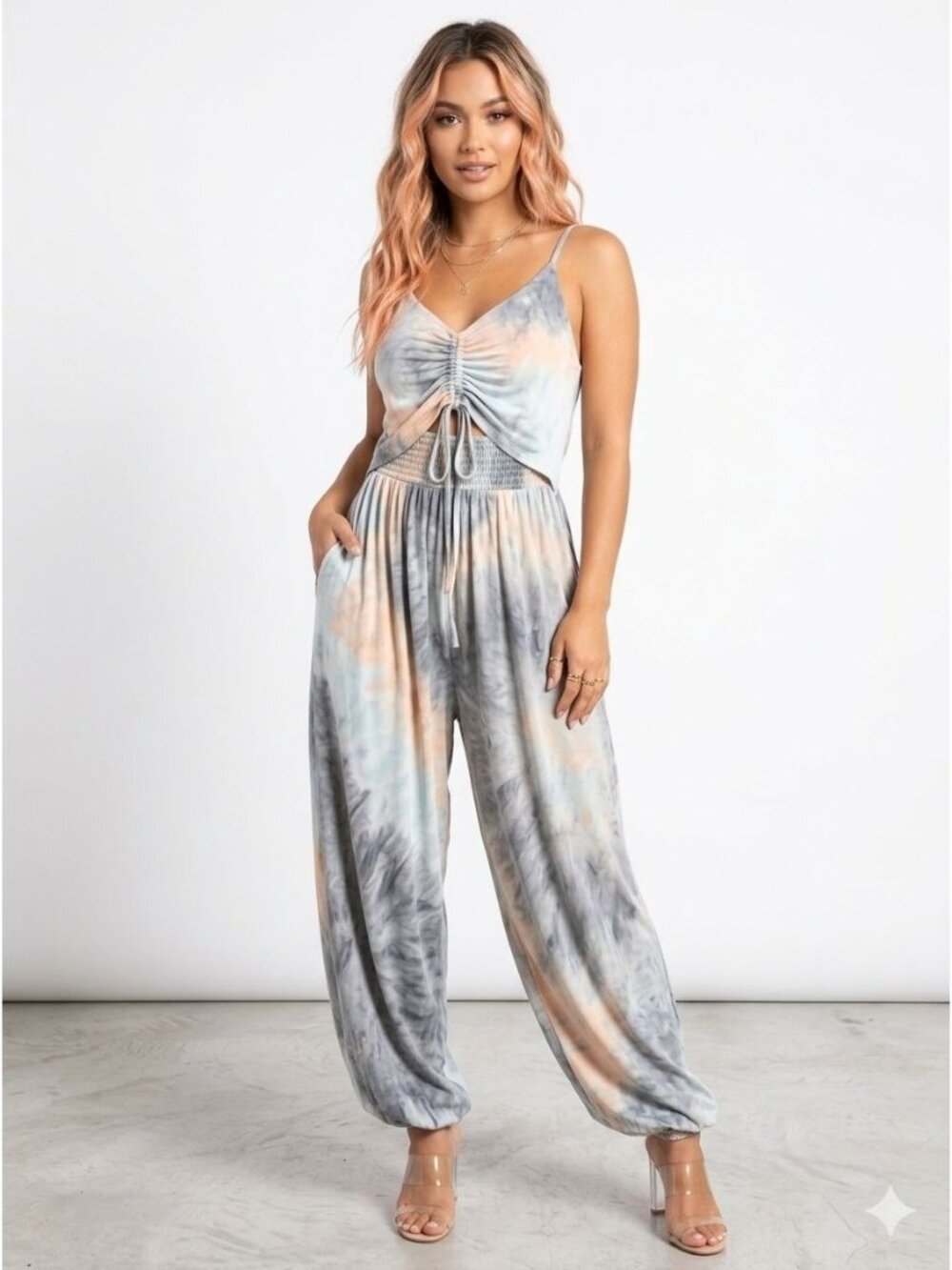 Fashion Nova Point Of Lounge Tie Dye Jumpsuit Size XL Ruched Bust Elastic Cuffs